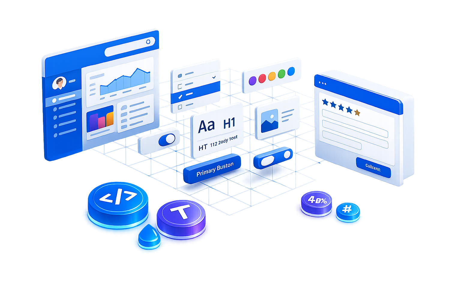A clean 3D isometric illustration of a design system architecture